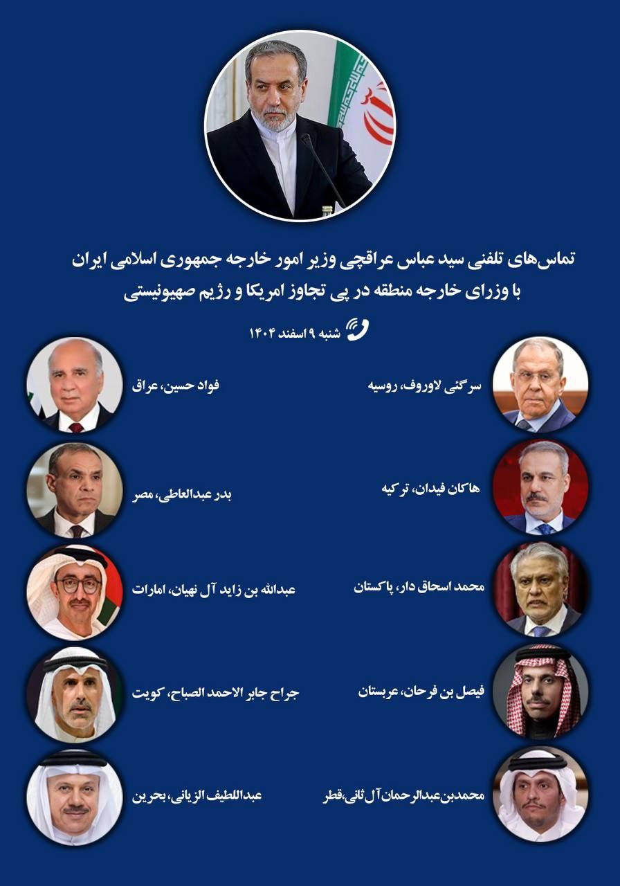 رایزنی تلفنی عراقچی با ۱۰ تن از وزرای خارجه کشورهای منطقه/ رایزنی با لاوروف درباره حمله آمریکا و اسرائیل